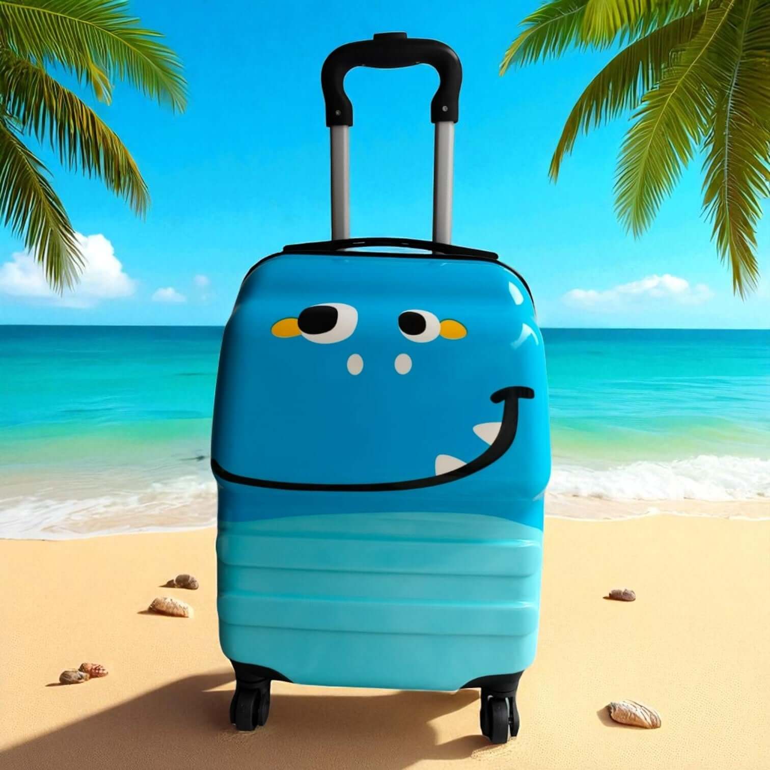 Uses alternative keywords like "rolling luggage" and "two-tone," and adds a playful element ("travel adventures") that aligns with a toy website. www.usmile.toys
